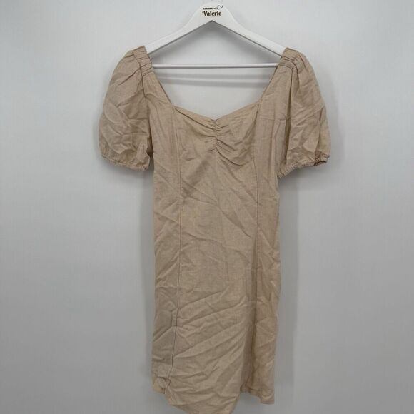 Japana Linen Blend Beige Mini Tie Bow Back Dress Size Medium Classic Boho - Picture 1 of 12